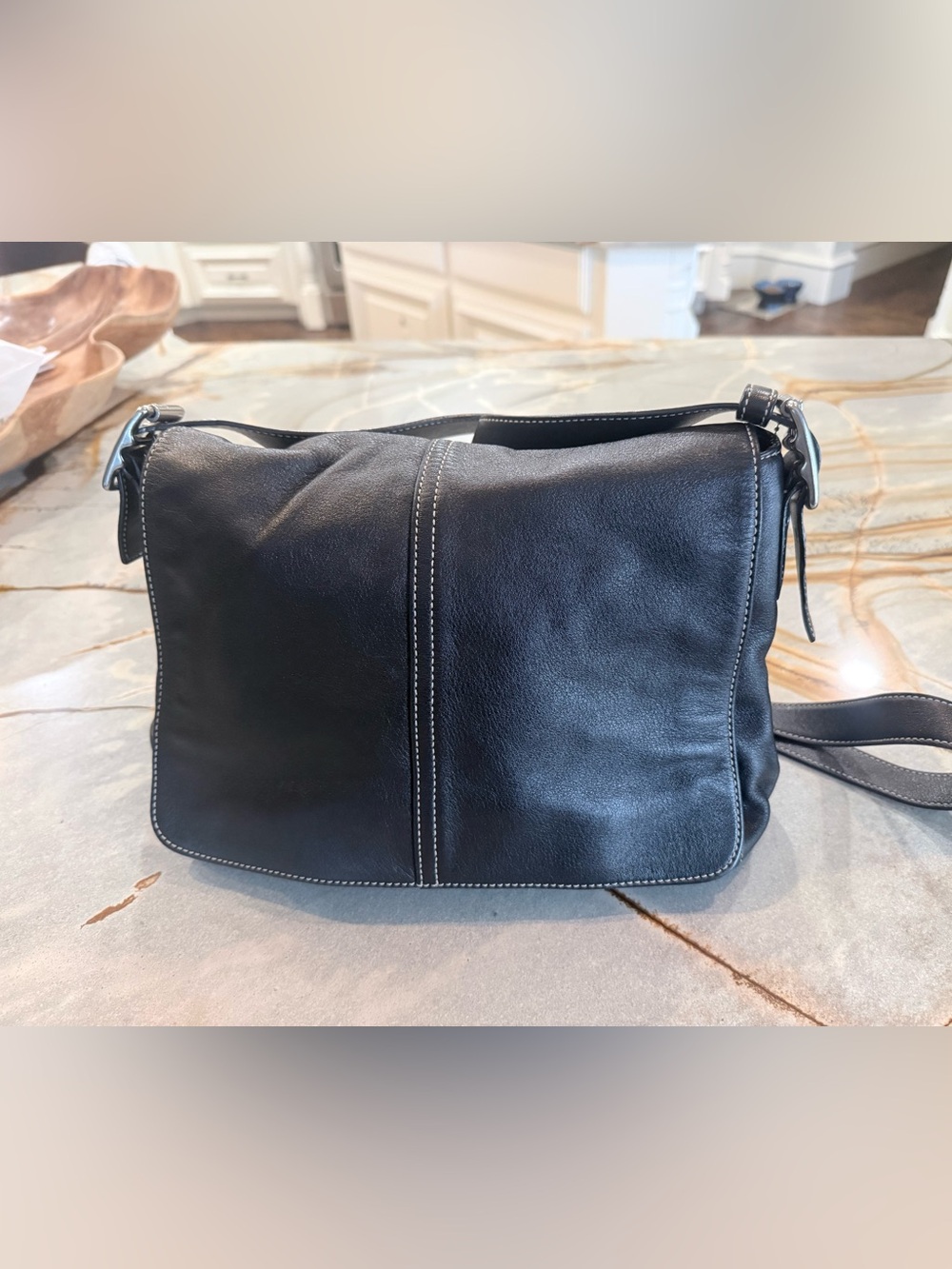 COACH Vintage Hampton Black Leather Crossbody Bag with Contrast Stitching